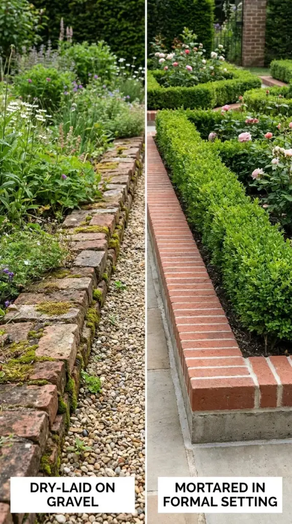 Dry-laid versus mortared brick garden border styles for flower bed edging and beginner hardscaping choices
