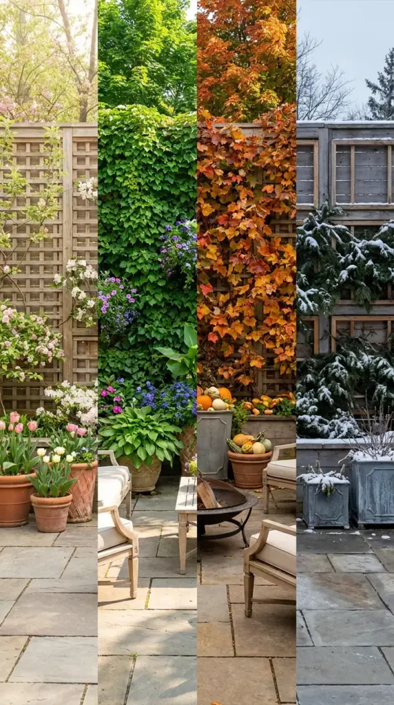 Four-season living wall fence design with evergreen structure and layered backyard privacy plants