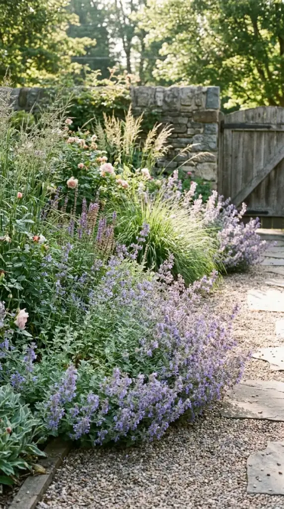 Catmint mosquito repellent plant with purple blooms in a garden border