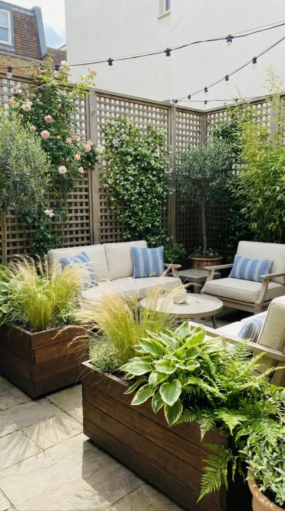 freestanding trellis privacy with planter box screen and potted privacy plants for renters
