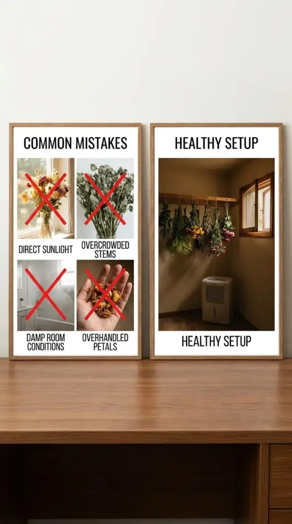 Common hydrangea bouquet drying mistakes like sunlight, humidity, and overcrowding