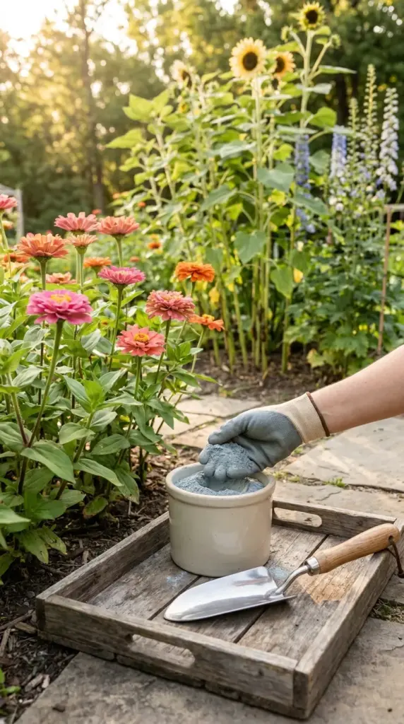 A container of rock phosphate mineral soil amendment next to strong long stem zinnias in a backyard garden.