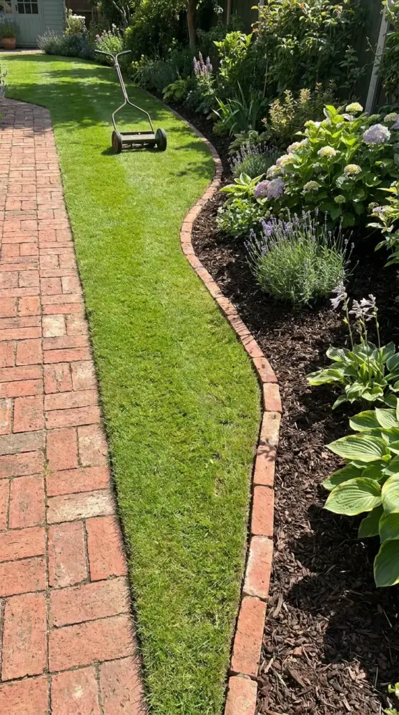 Flush brick mowing strip between lawn and flower bed for low-maintenance garden edging