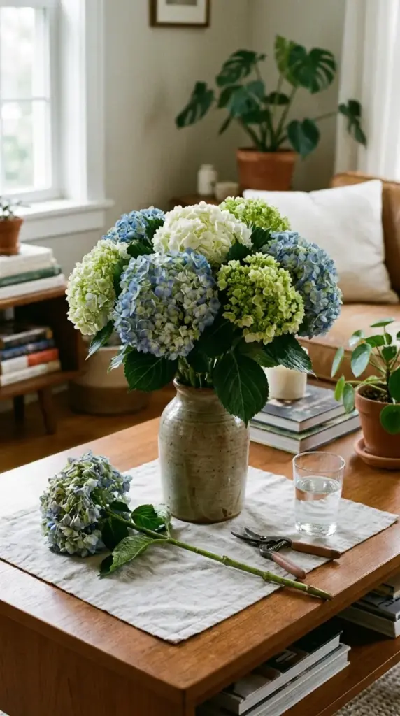 Treating one wilted hydrangea stem separately from the rest of the bouquet for targeted recovery