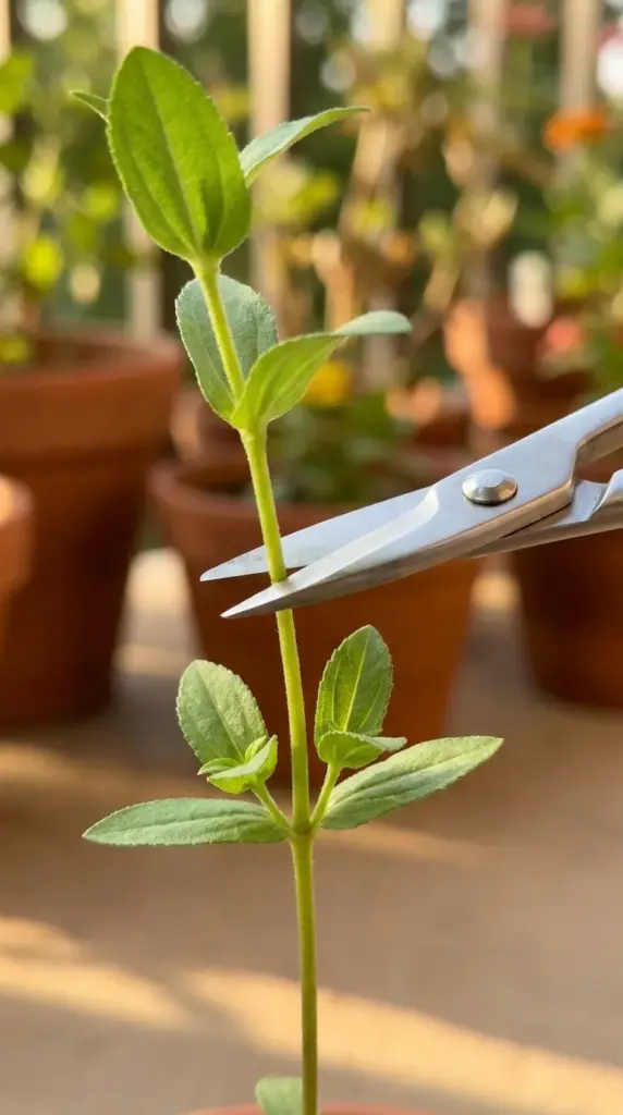 Close up view of a gardener pinching a zinnia seedling stem right above the fourth leaf node.