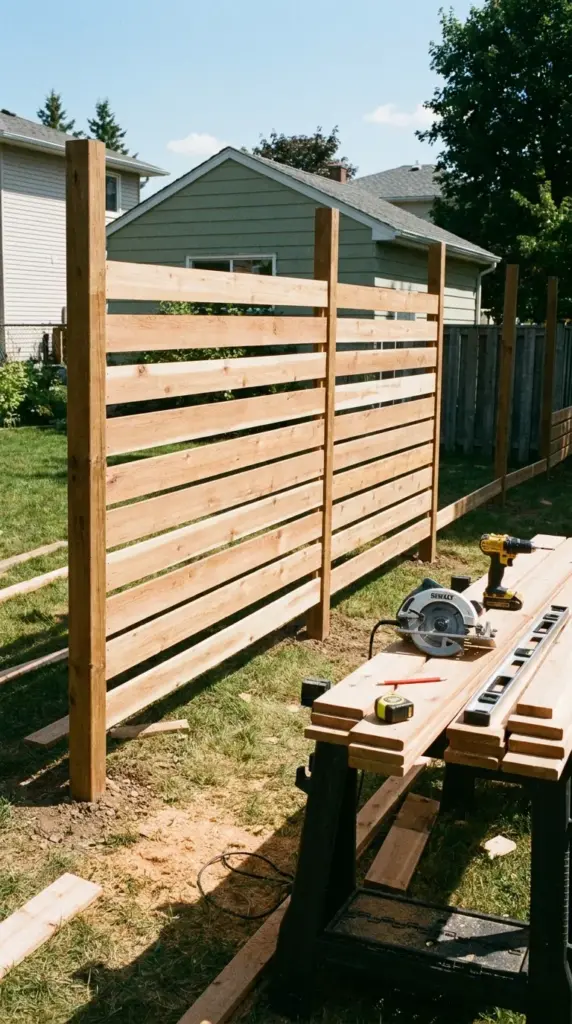 Fence rail layout on wood posts for strong shadowbox fence construction