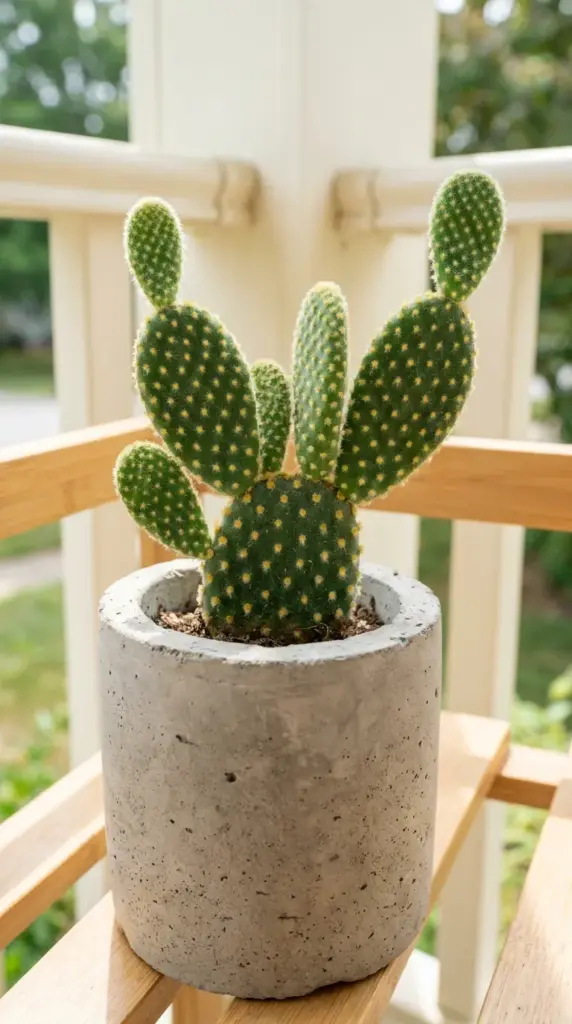 Adorable velvety bunny ears cactus plant growing in a modern concrete pot for home decor.