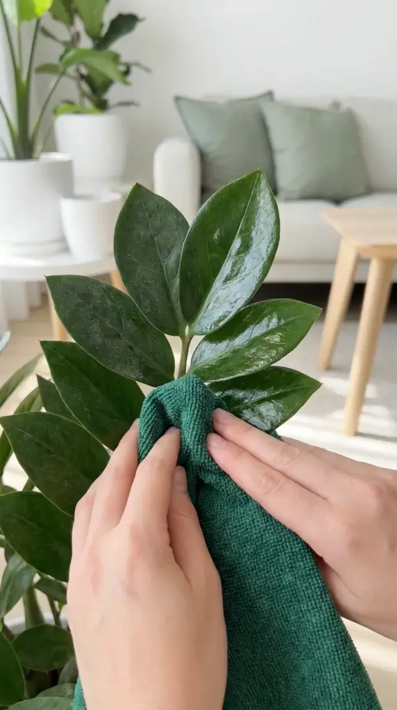 Cleaning a dusty ZZ plant leaf using a soft damp microfiber cloth to maximize photosynthesis and leaf shine.