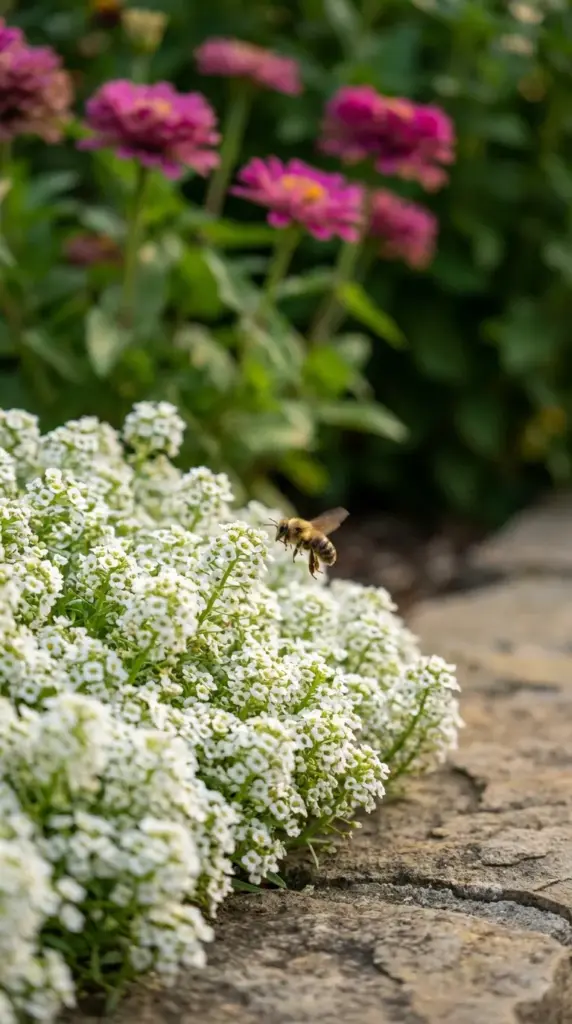 Sweet alyssum used as a living flower bed border in front of tall blooming zinnias to attract pollinators.