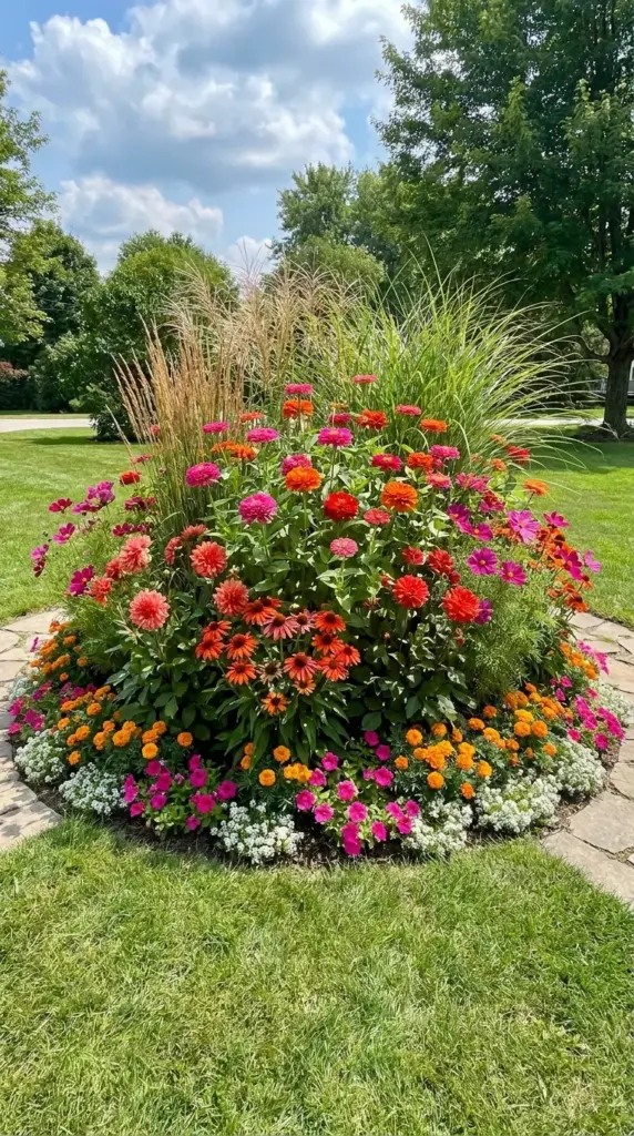 Corner lot island bed with tall zinnias and layered planting for dramatic street-side curb appeal
