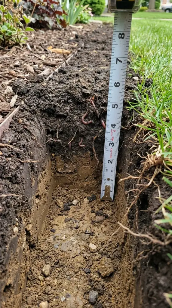 Deep trench for brick lawn edging showing topsoil, subsoil, and correct edging depth