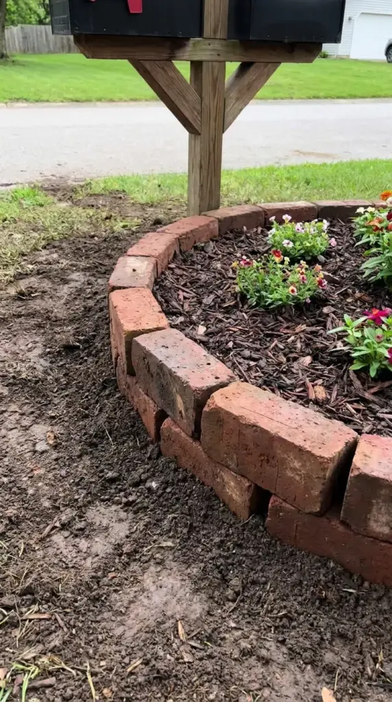 Pressed-in-the-ground brick border for a simple DIY flower bed edge on level ground