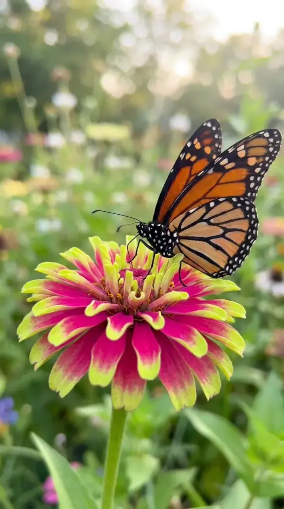 A monarch butterfly feeding on a pink and green bicolor Whirligig zinnia in a summer garden.