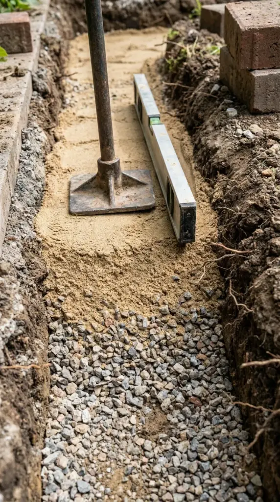 gravel and sand base for stable DIY brick garden border and paver edging