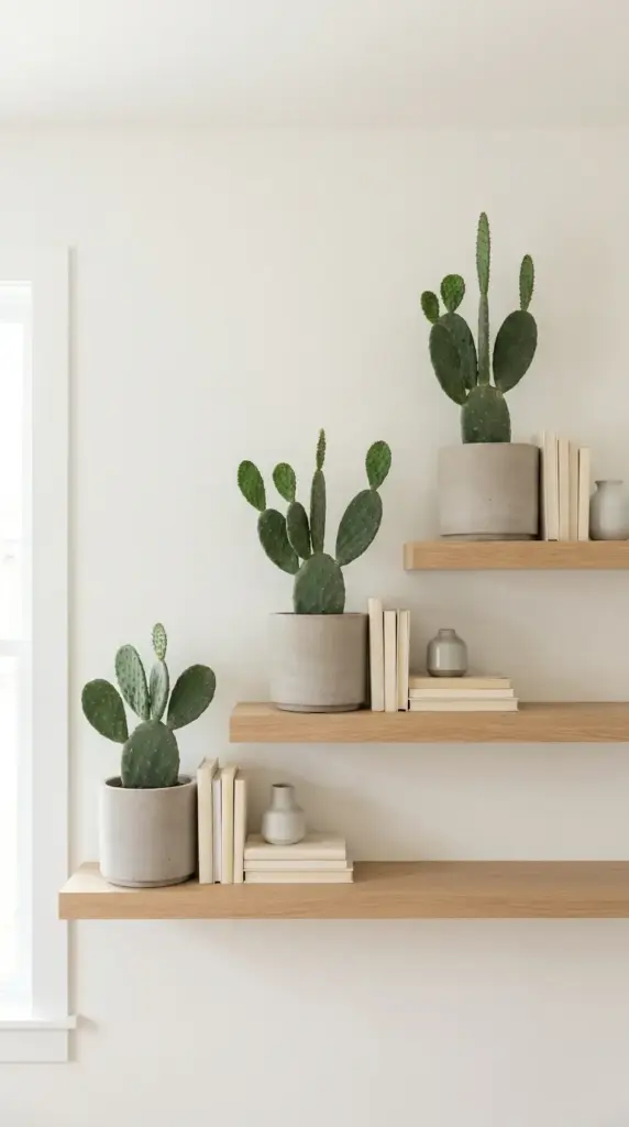 Stair step plant shelfie arrangement featuring prickly pear cacti of different heights.