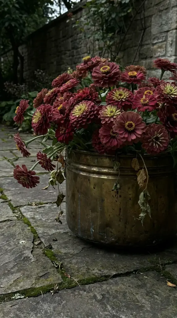 Moody Queen Red Lime zinnias planted in an antique brass planter on a stone patio.