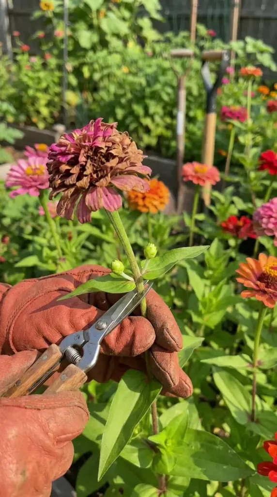Deadheading a spent zinnia bloom with floral snips to stimulate the cut-and-come-again cycle.