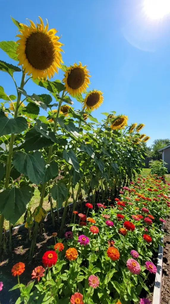 A protective wall of tall sunflowers standing behind a bed of colorful cut-flower zinnias.