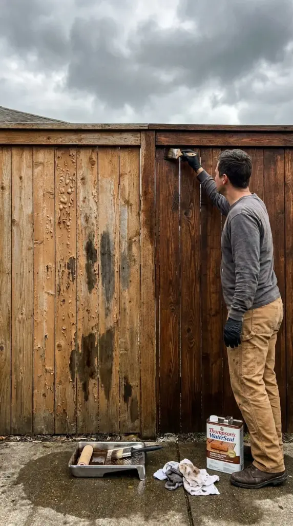 Painting or staining a wood fence too early causing peeling finish and trapped moisture rot