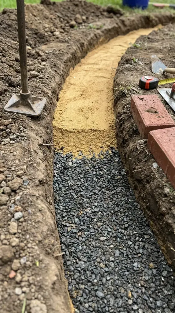 Compacted gravel and sand base for durable low-maintenance curved brick edging