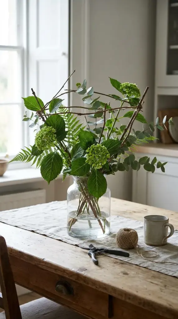 Building a strong airy base for a hydrangea centerpiece with greenery and balanced flower arranging structure