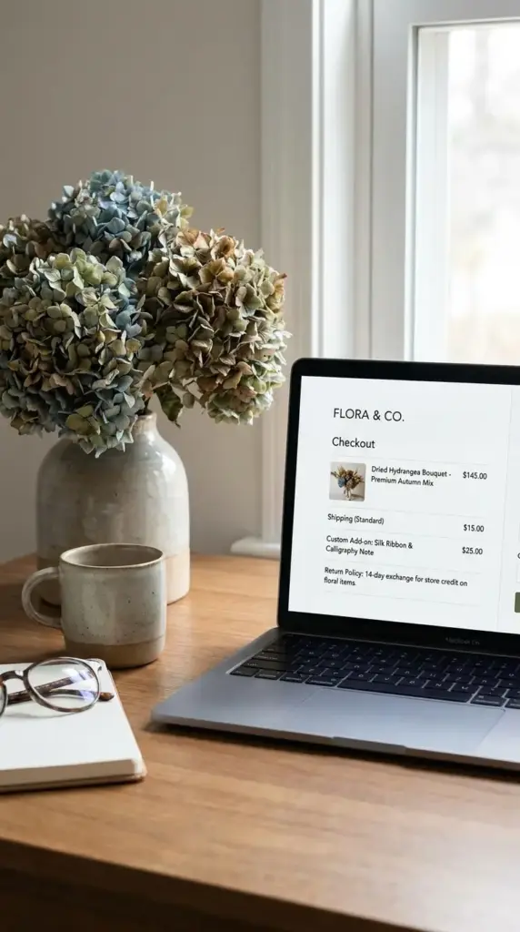 dried hydrangea bouquet checkout showing hidden shipping costs custom pricing and return policy details