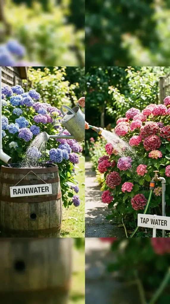 Rainwater vs tap water for hydrangeas showing how water quality affects electric blue hydrangea color