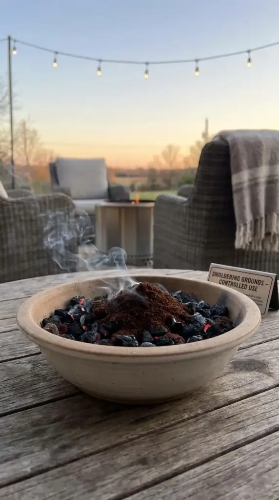 Coffee grounds mosquito smoke used as an emergency outdoor mosquito repellent on a patio