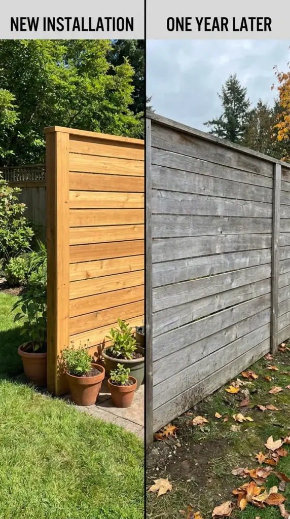 one year later cedar fence picket hack showing durability fading and minor warping