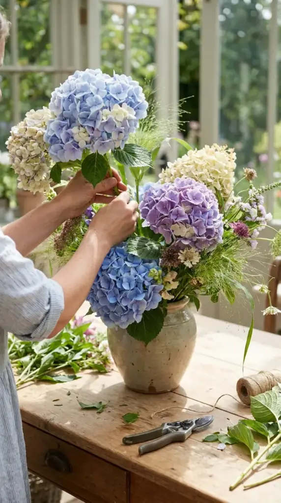 placing hydrangeas for bouquet shape balance and natural movement