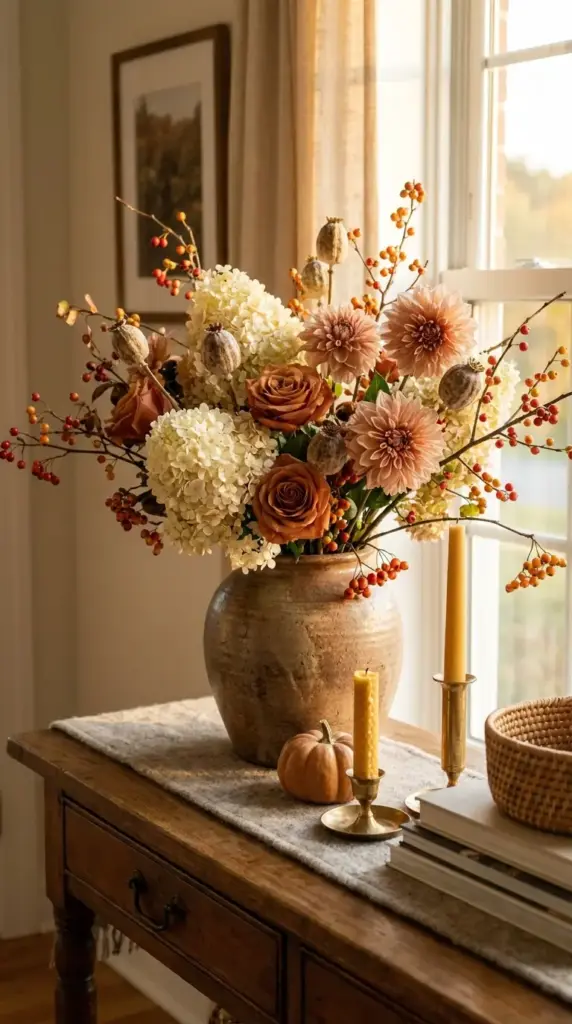 Fall hydrangea bouquet in rust, dusty peach, and cream for Thanksgiving decor and autumn wedding flowers
