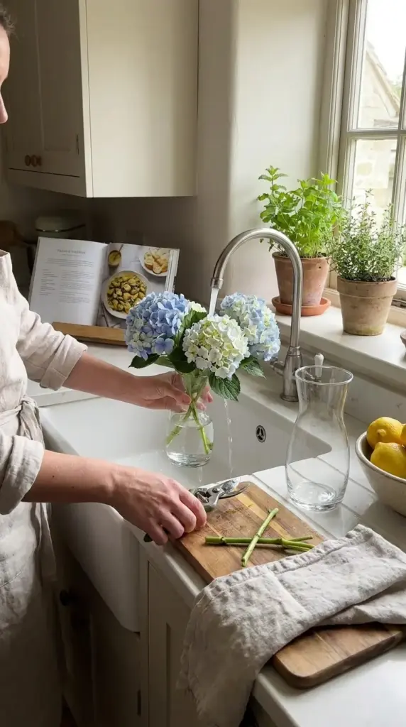 Daily hydrangea bouquet care with fresh water changes and stem recutting