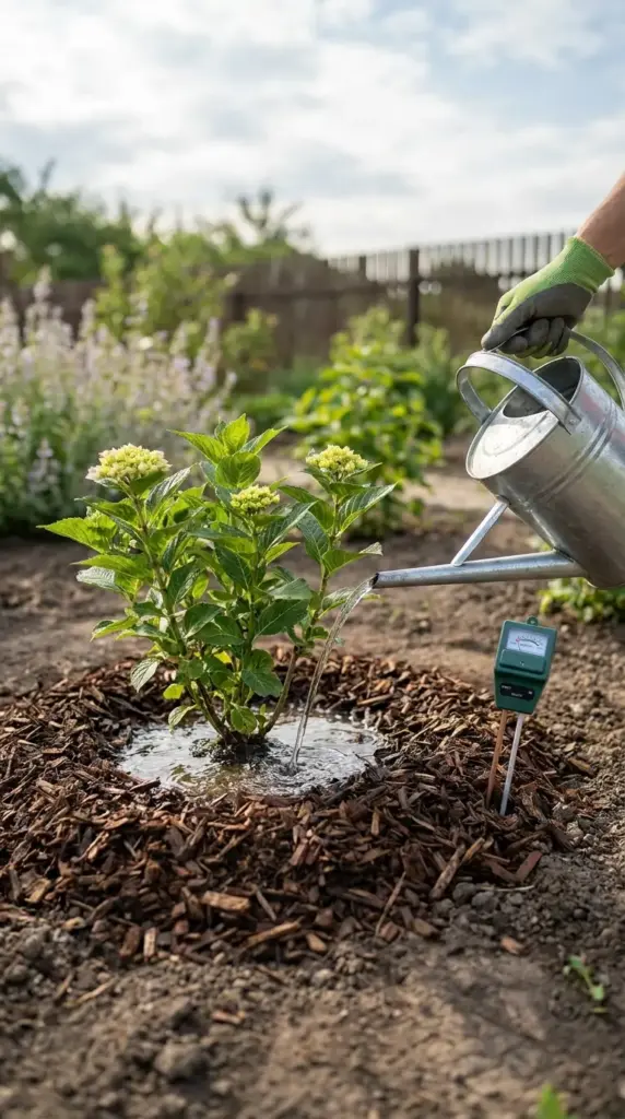Deep watering a newly planted hydrangea with mulch ring and soil moisture meter for proper drainage care