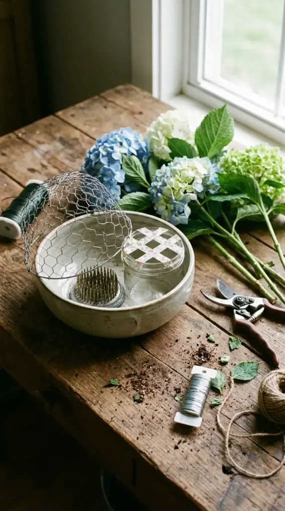flower frog chicken wire and tape grid mechanics for hydrangea bouquet styling