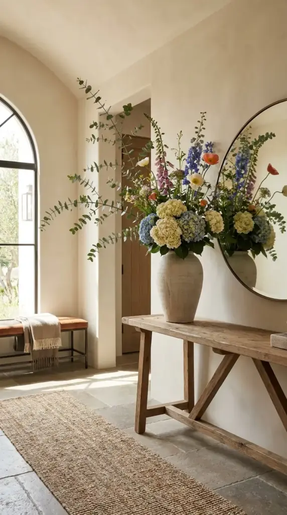 Statement vase with hydrangeas, eucalyptus, and wildflowers for an entryway or mantel display