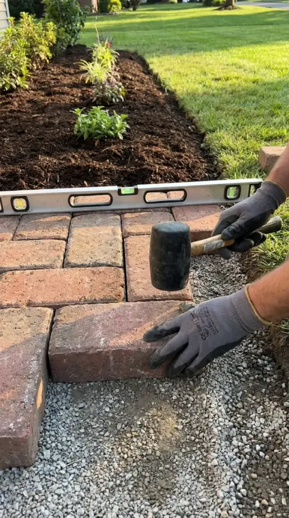 Setting the first row of lawn edging bricks on a compacted gravel base without concrete