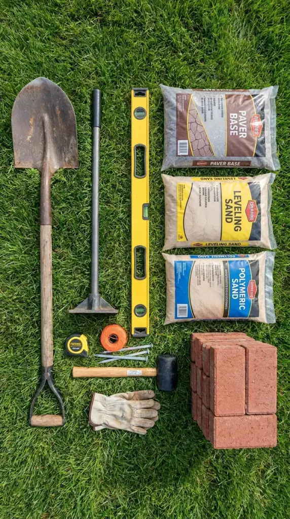 Essential tools and materials for DIY brick border installation including tamper, level, mallet, paver base, and sand