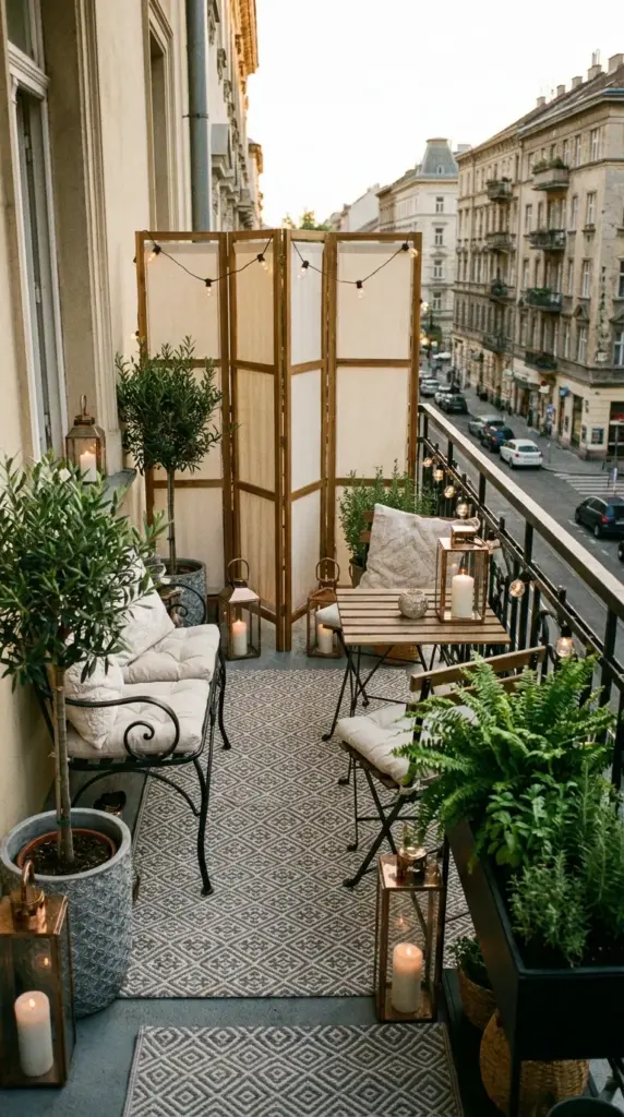 portable outdoor divider and decorative privacy screen for small rental patio or balcony