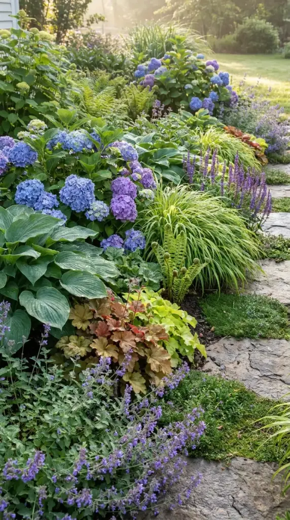 Hydrangea companion plants like hosta, heuchera, ferns, and ornamental grasses in a layered cluster bed