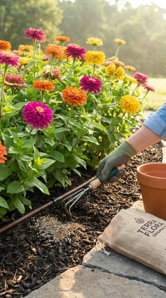 Applying Dr Earth Flower Girl organic fertilizer blend to zinnia flower beds for premium bud development.