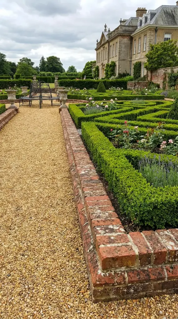 Raised double-brick kerb bordering a gravel path in a formal English-style garden