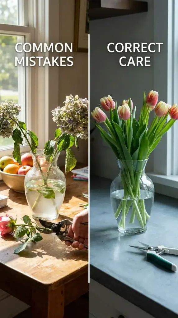 Common hydrangea bouquet care mistakes including dirty vase water, crushed stems, heat, and fruit exposure