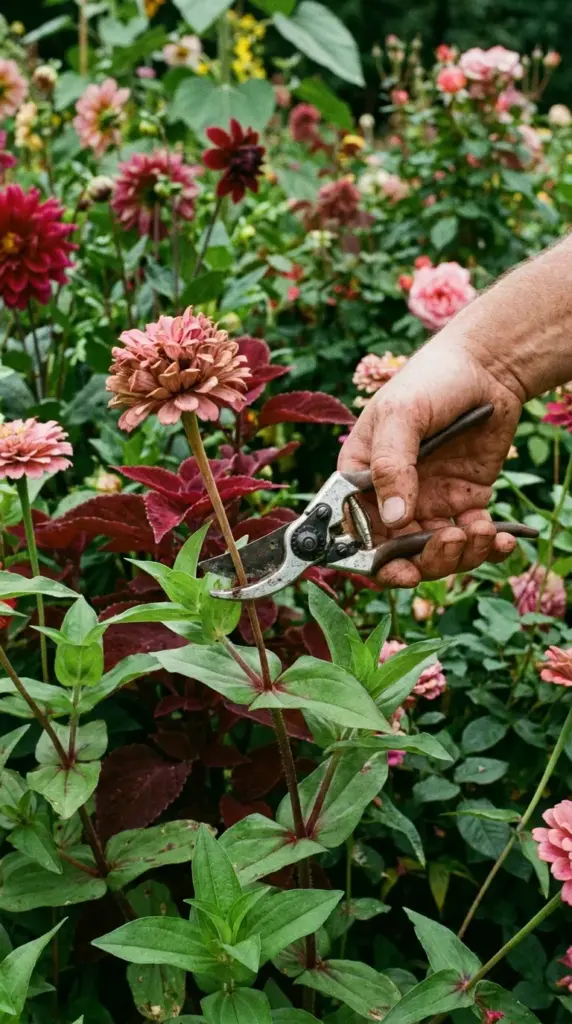 Deep deadheading zinnias by cutting a spent bloom stem down to the lowest strong leaf axil joint.