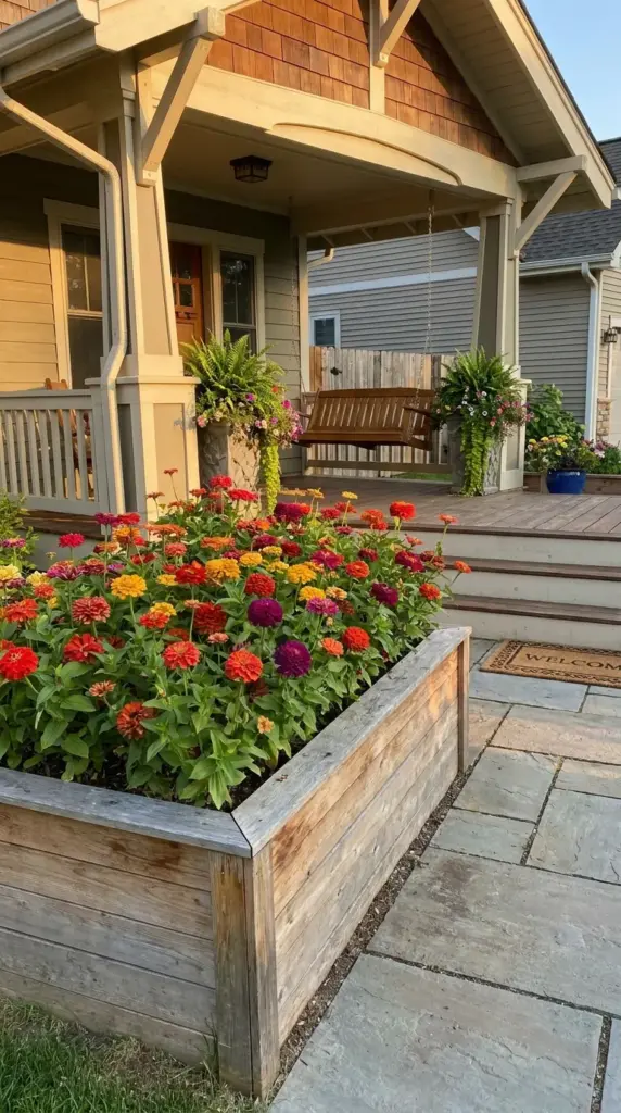 Raised zinnia flower bed by the porch styled for eye-catching front entry landscaping