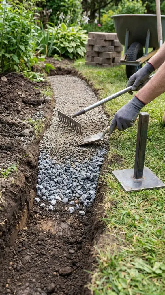 Building a crushed stone paver base for stable deep-set brick lawn edging