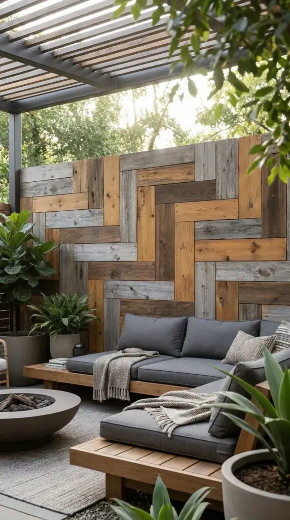 Mixed-tone reclaimed wood fence creating an artistic backyard privacy statement