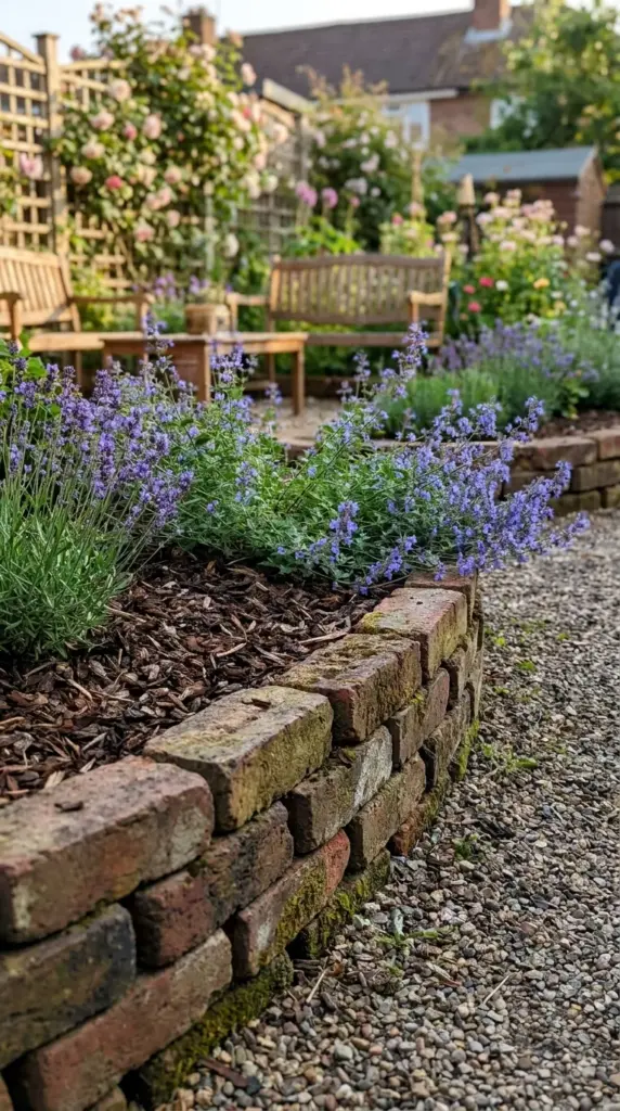 Rustic low stacked brick border for cottage garden edging and mulch control
