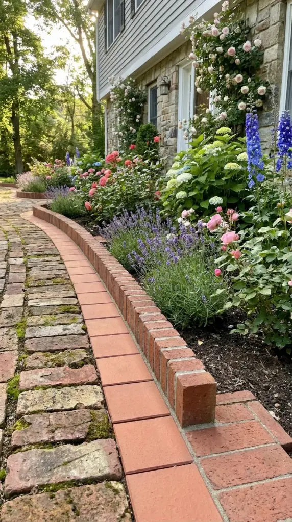 Brick edging styles for gardens including reclaimed brick, pavers, and soldier course flower bed borders