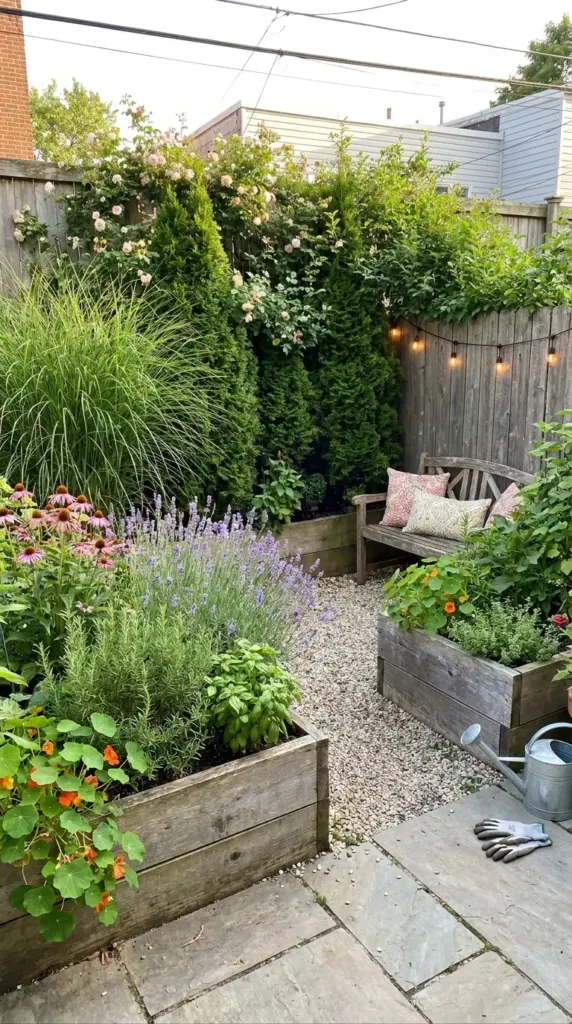 raised bed privacy with layered planting for low-maintenance backyard privacy landscaping