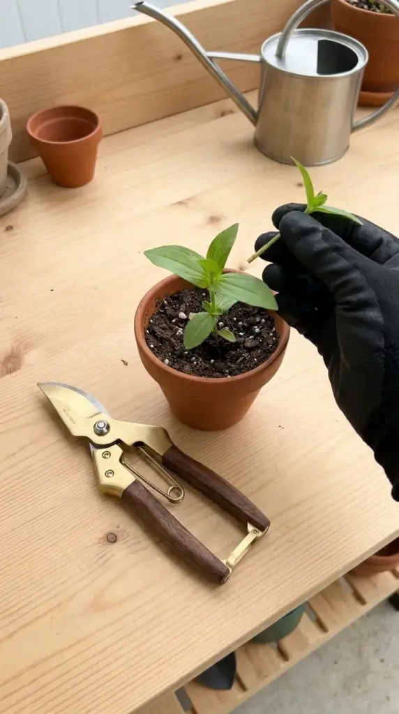 Gardening shears and a freshly pinched zinnia plant demonstrating summer flower pruning techniques.